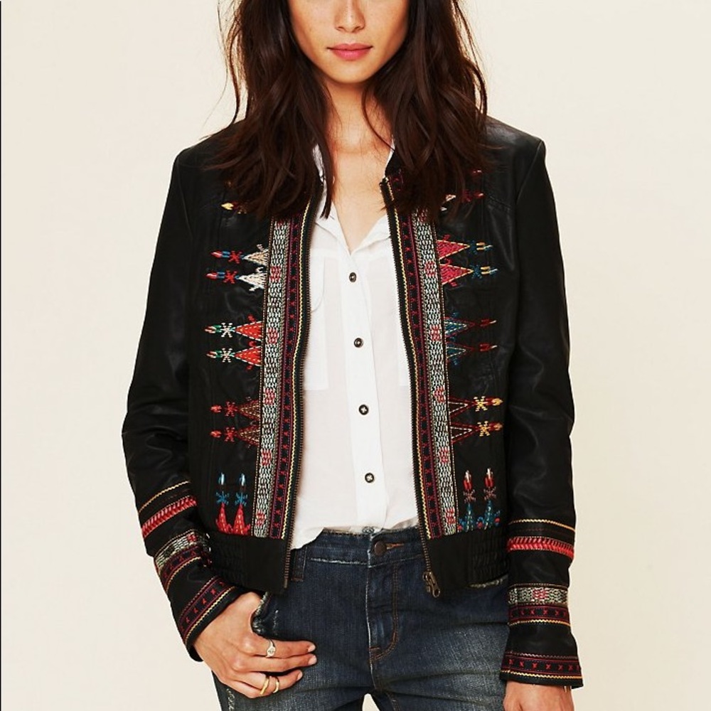 Free People Embroidered Vegan Leather Jacket